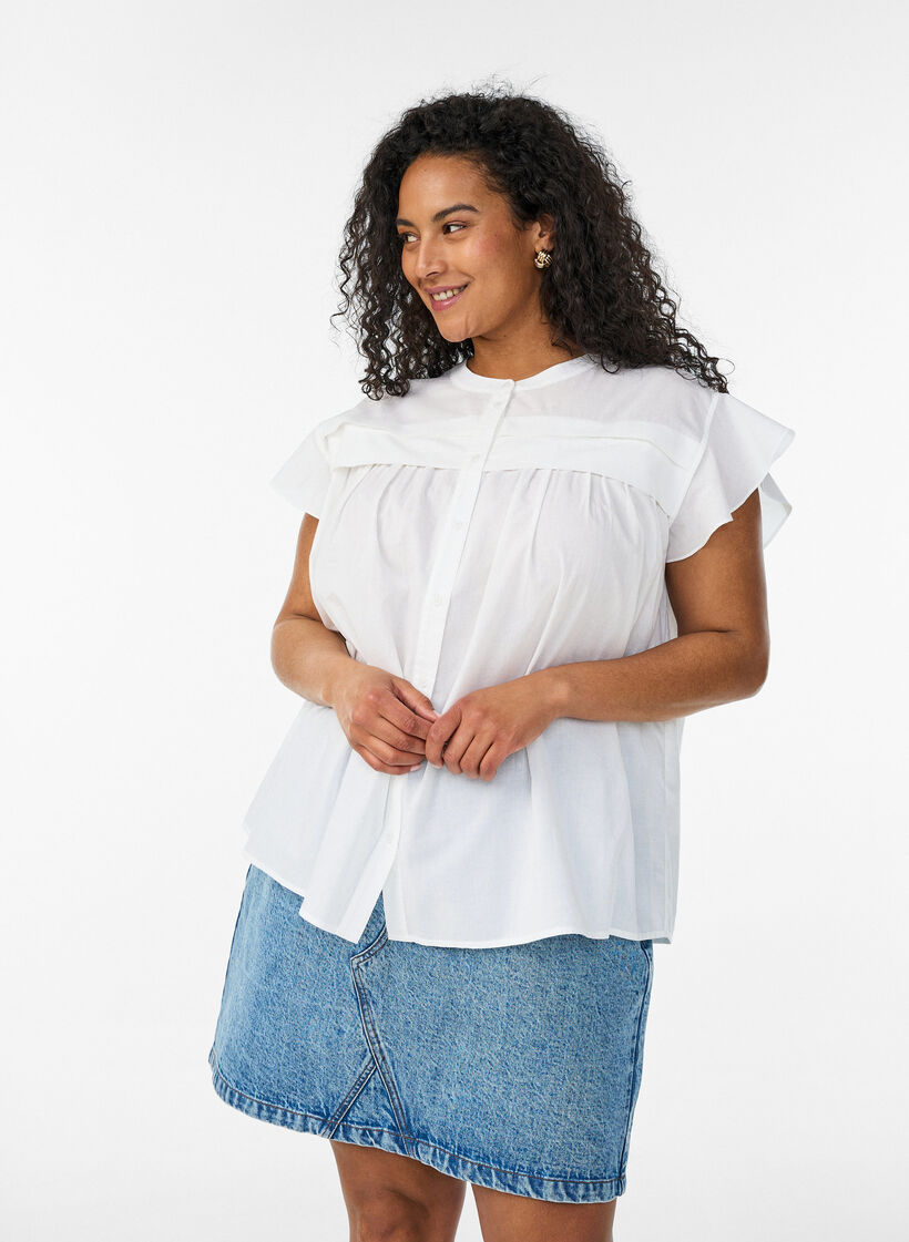 &Auml;rmellose Hemdbluse in A-Linie aus Baumwolle, Wei&szlig;, Model image number 0