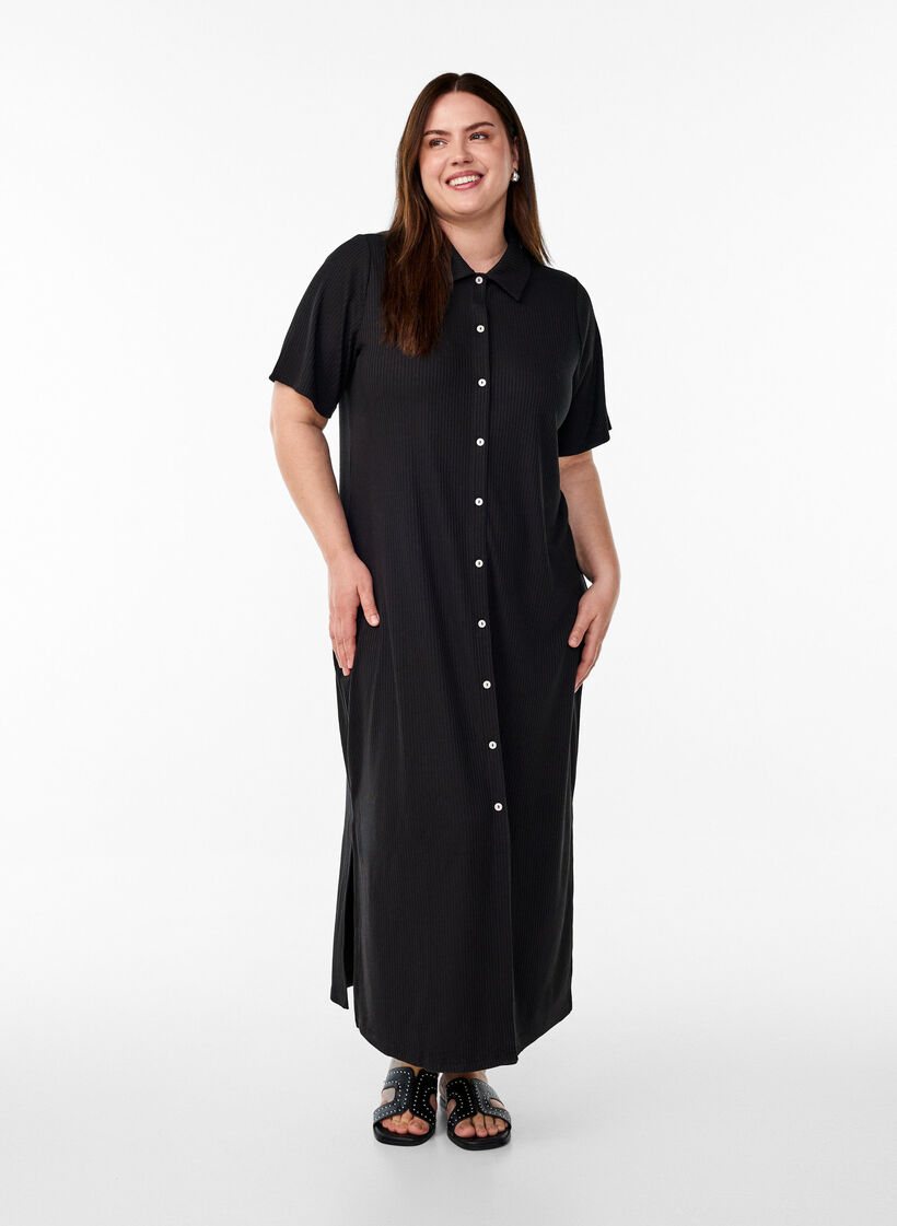 Maxikleid aus Jersey mit Kragen und kurzen Ärmeln, Schwarz, Model image number 0