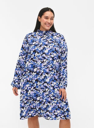 FLASH – Langärmeliges Kleid mit Blumendruck, Blue Purple Flower, Model image number 0