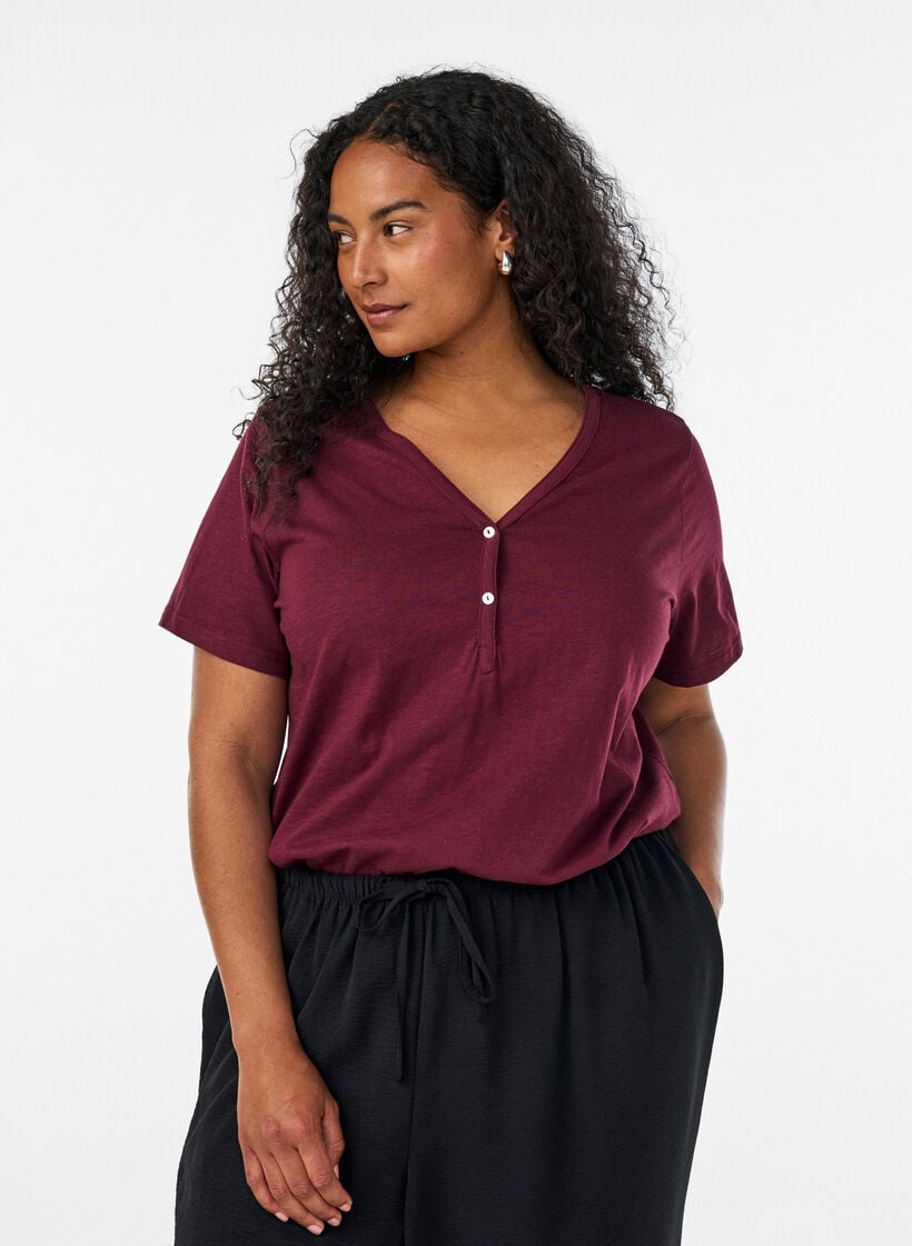 T-Shirt mit Knopfleiste, Dunkles Bordeaux, Model image number 0
