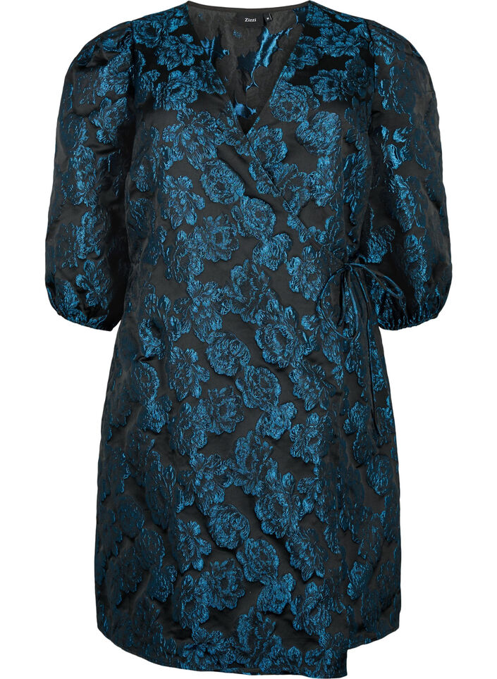 Jacquard-Wickelkleid mit 3/4-Ärmeln, Black Blue, Packshot image number 0