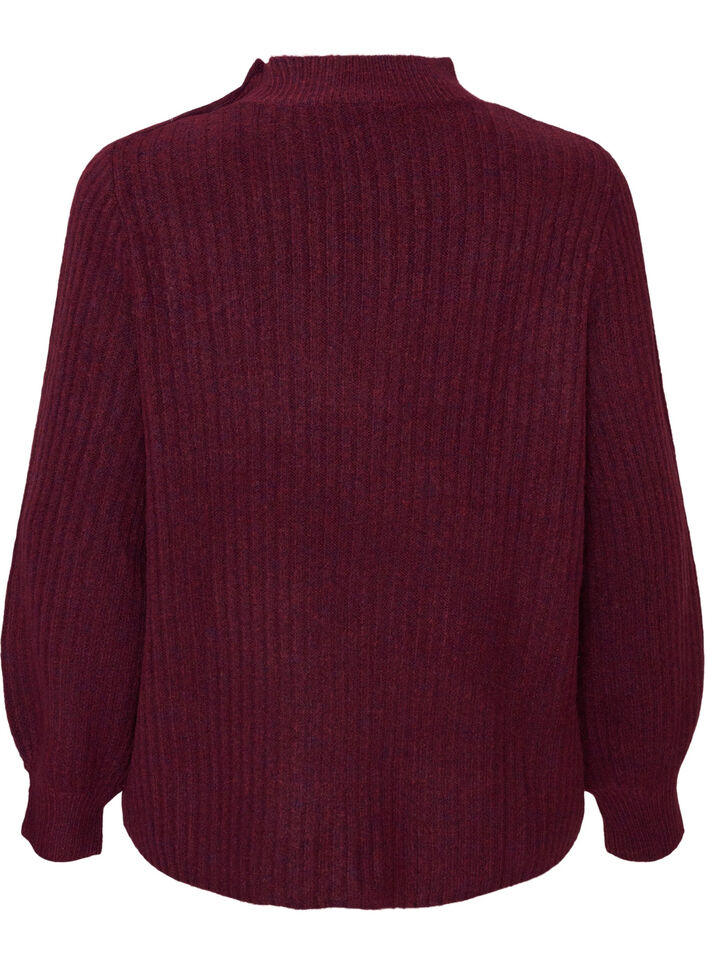 Pullover aus Rippstrick mit Puff&auml;rmeln und Kn&ouml;pfen, Dunkles Bordeaux, Packshot image number 1