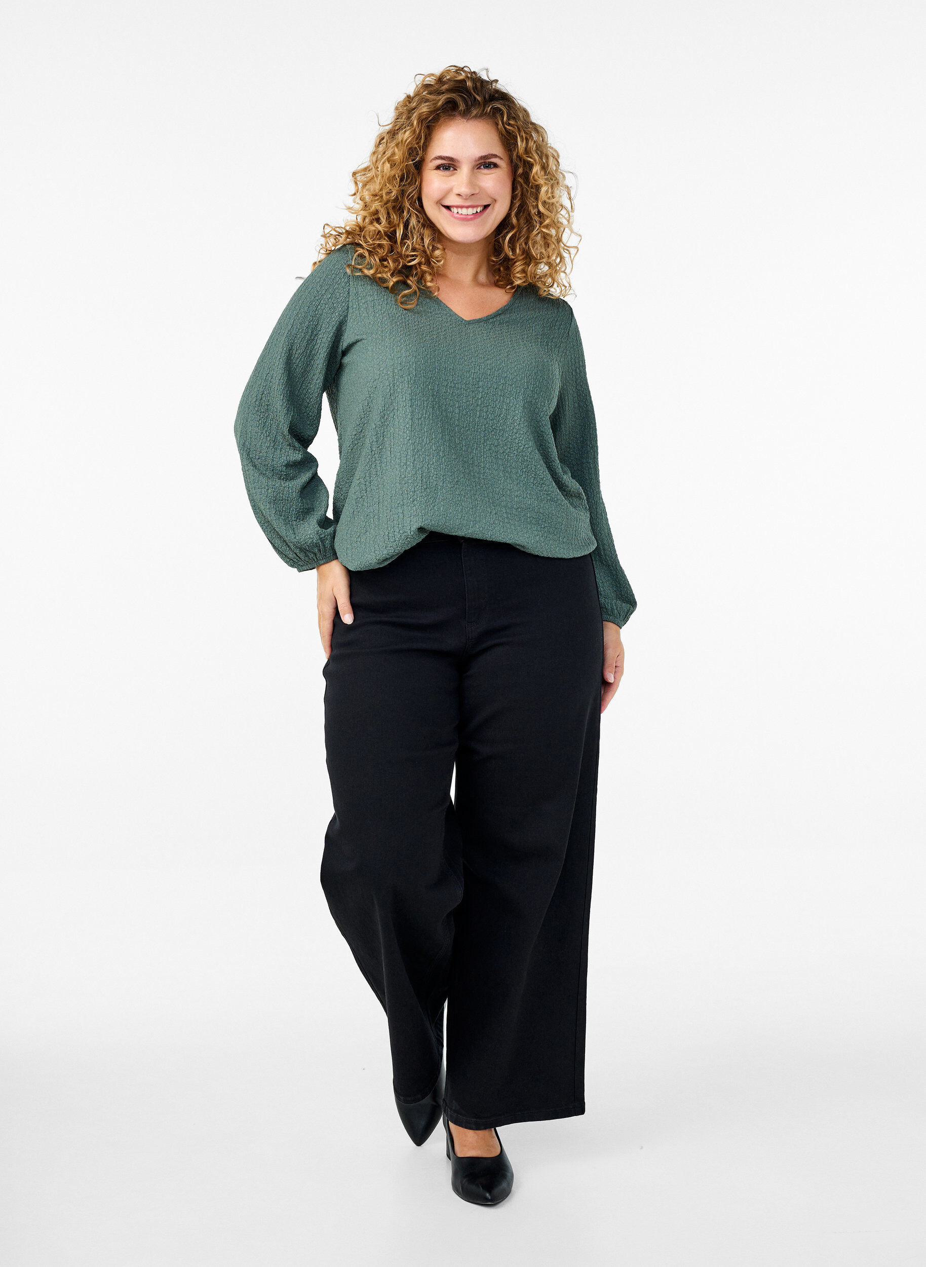 ZizziFLASH - Bluse mit Struktur und langen &Auml;rmeln, Balsam Green, Model image number 2