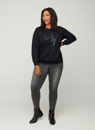 Sweatshirt aus Baumwolle mit Print auf der Brust, Black w. Black, Model image number 2