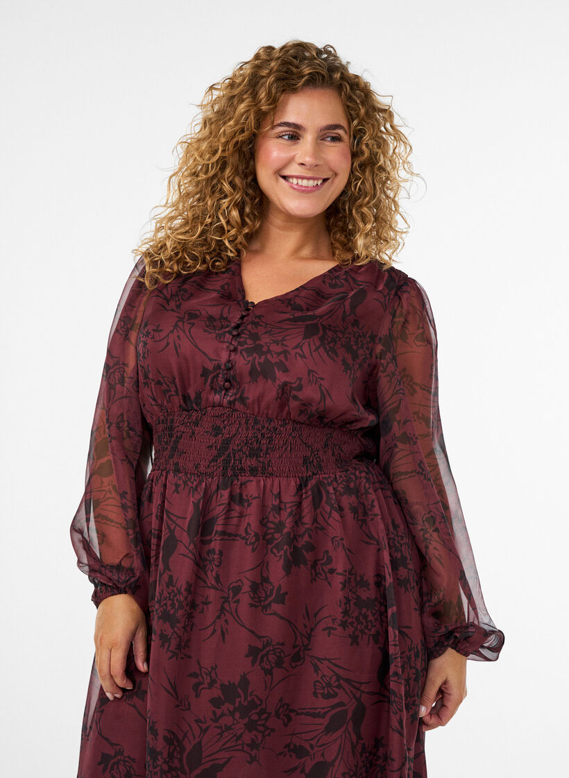 Maxikleid mit floralem Print und Smock, Dunkles Bordeaux, Model image number 2