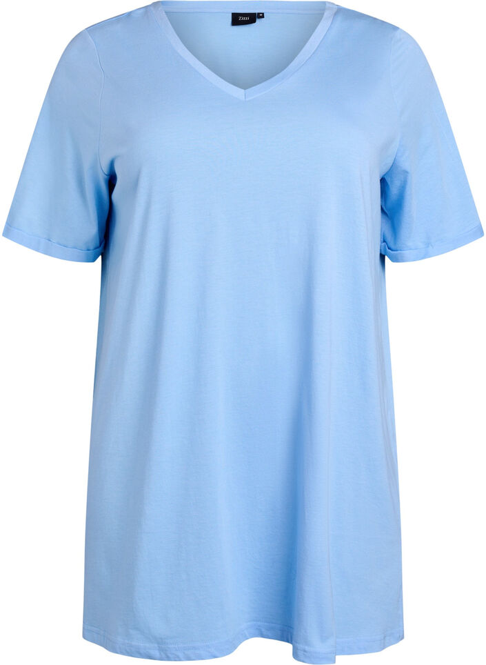 Einfarbiges Oversize T-Shirt mit V-Ausschnitt, Blau, Packshot image number 0