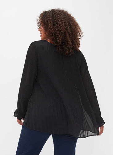Plissee Bluse mit V-Ausschnitt, Black, Model image number 1