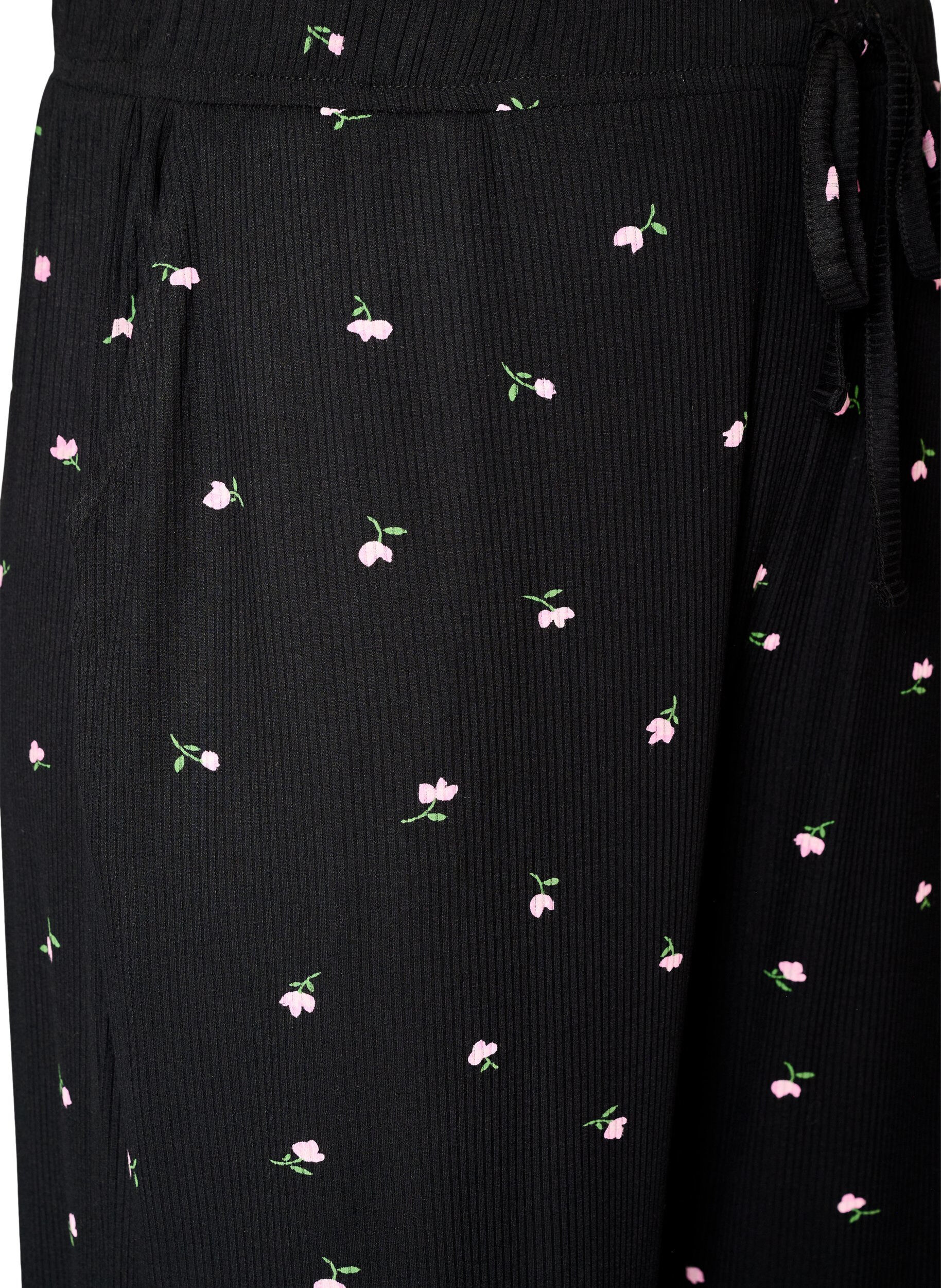 ZizziPyjamahose mit Rippstruktur und gebl&uuml;mtem Print, Schwarz, Packshot image number 2