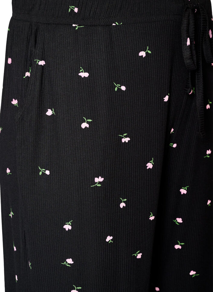 Pyjamahose mit Rippstruktur und gebl&uuml;mtem Print, Schwarz, Packshot image number 2