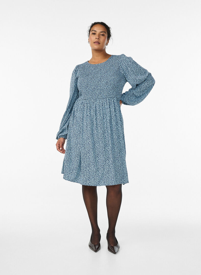 Kleid mit gesmoktem Oberteil und kleingebl&uuml;mtem Muster, Blau, Model image number 1