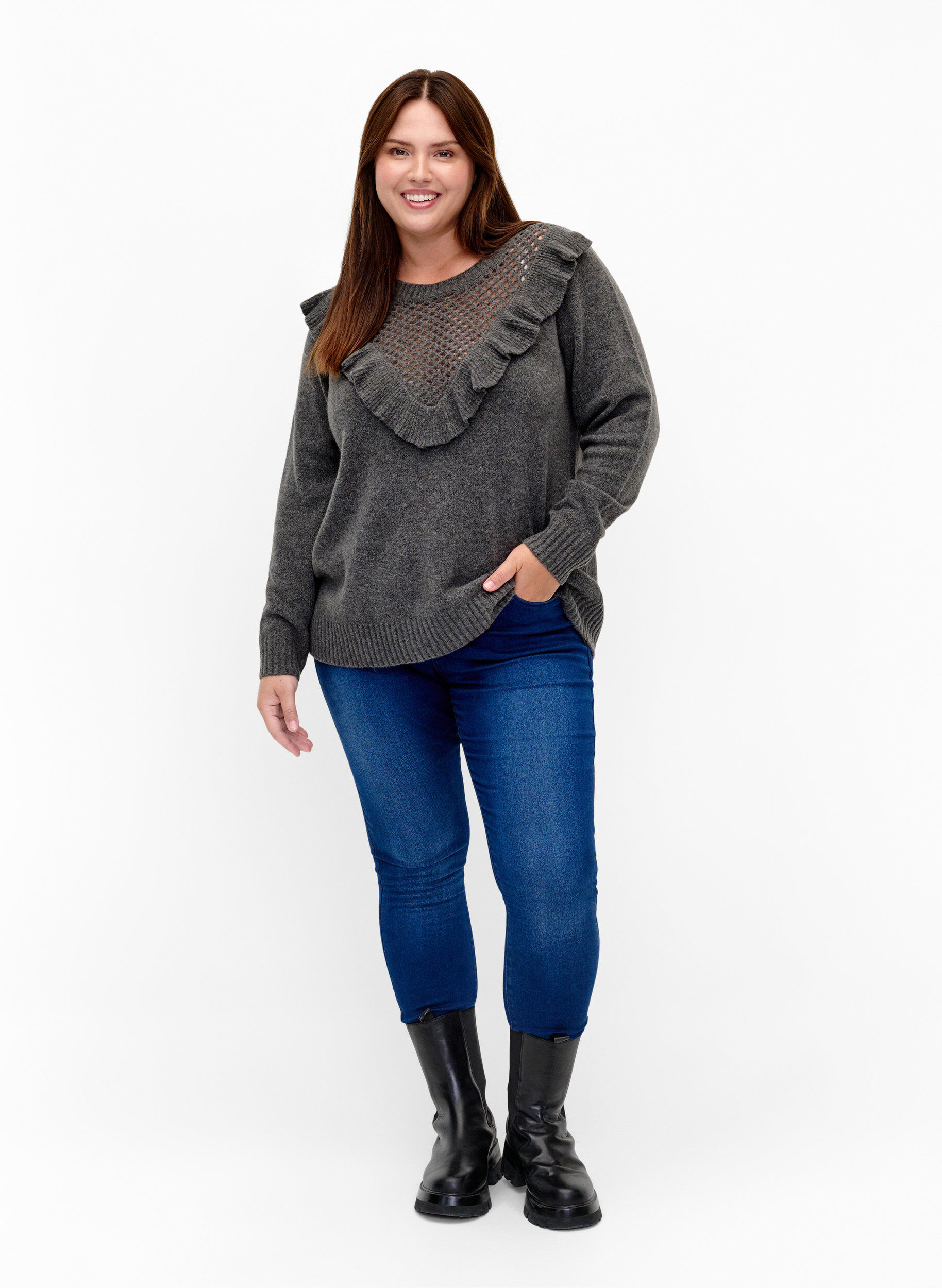ZizziGestrickter Wollpullover mit R&uuml;schendetail, Dark Grey Melange, Model image number 2