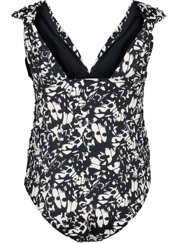 Gemusterter Badeanzug mit tiefem V-Ausschnitt, Schwarz, Packshot image number 1