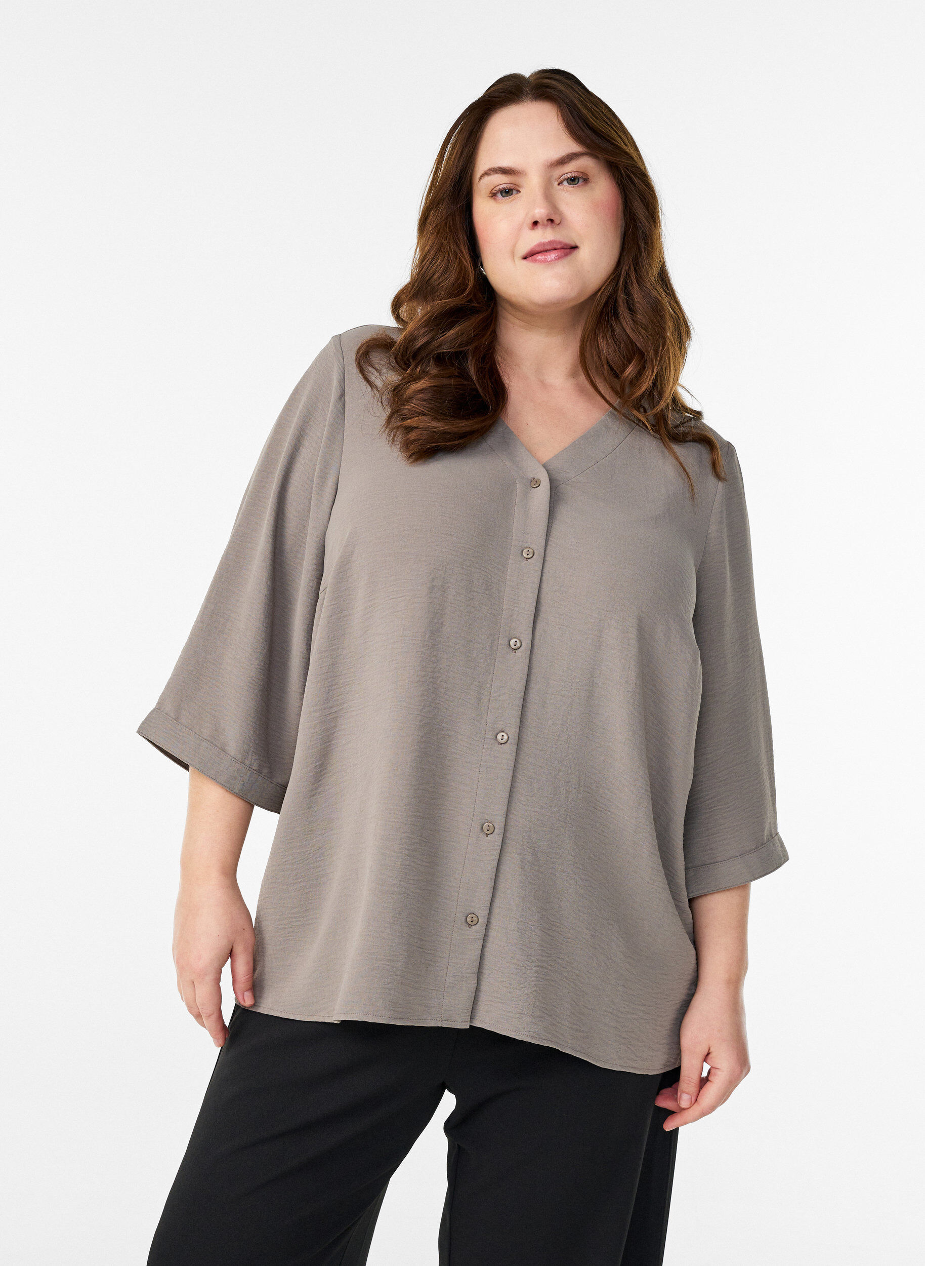 ZizziShirt blouse with V-neck and 3/4 sleeves, Beige, Model image number 0