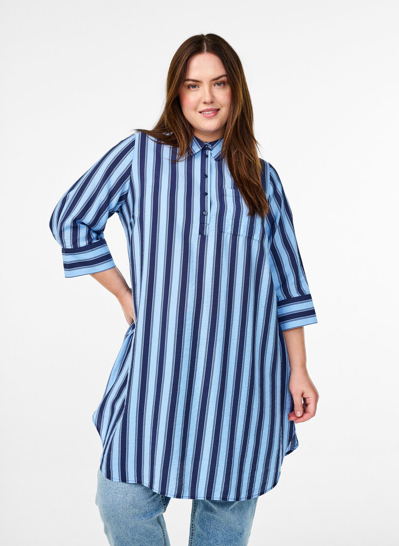 Kleid mit Kragen und Brusttasche, Blau, Model image number 0