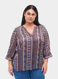 Bluse mit Print und 3/4-Ärmeln, Brown Blue Ethnic, Model