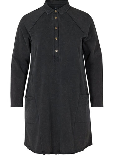 Sweatkleid aus Baumwolle mit Kragen und Taschen, Black Acid Washed, Packshot image number 0