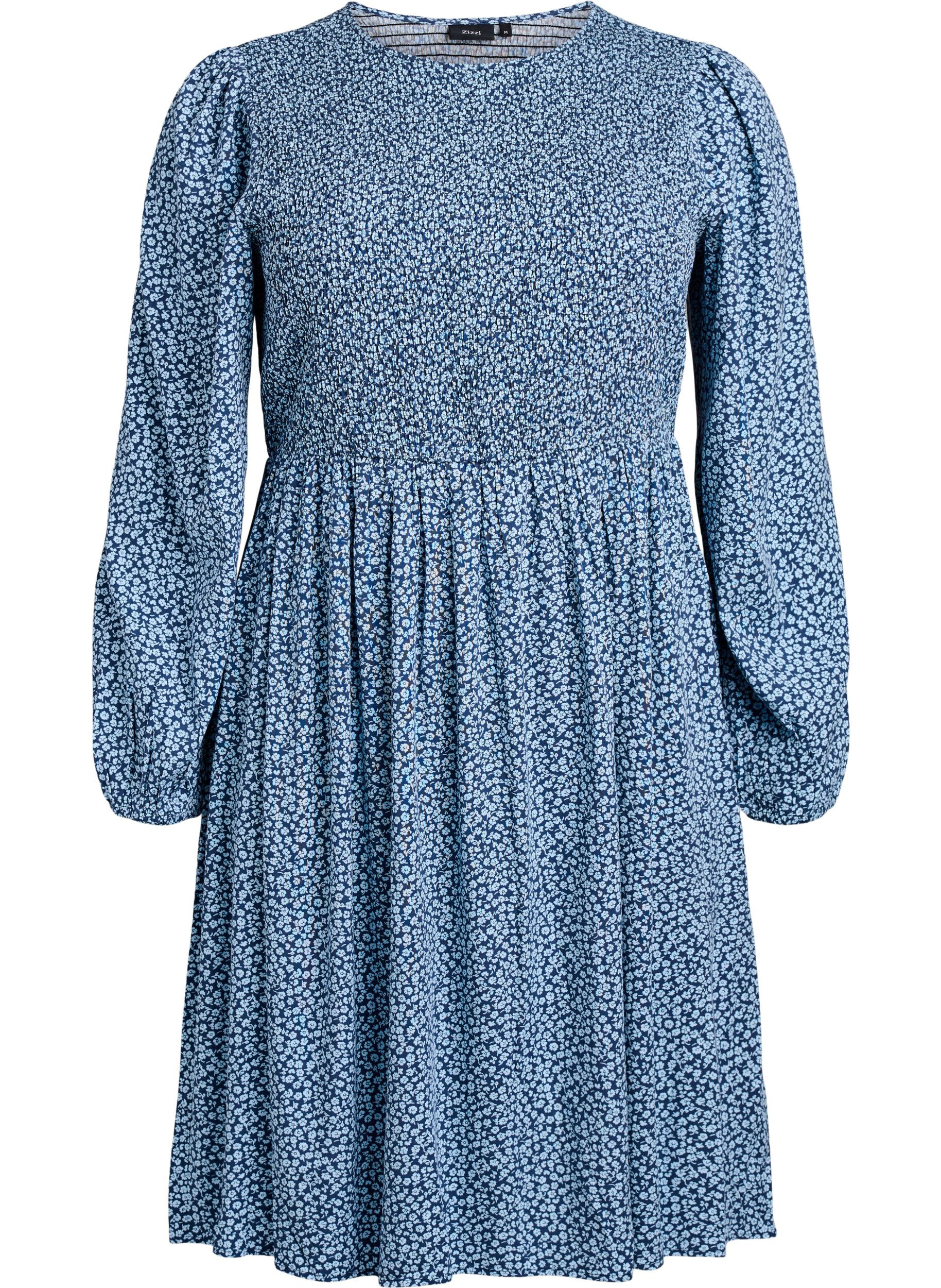 ZizziKleid mit gesmoktem Oberteil und kleingebl&uuml;mtem Muster, Blau, Packshot image number 0