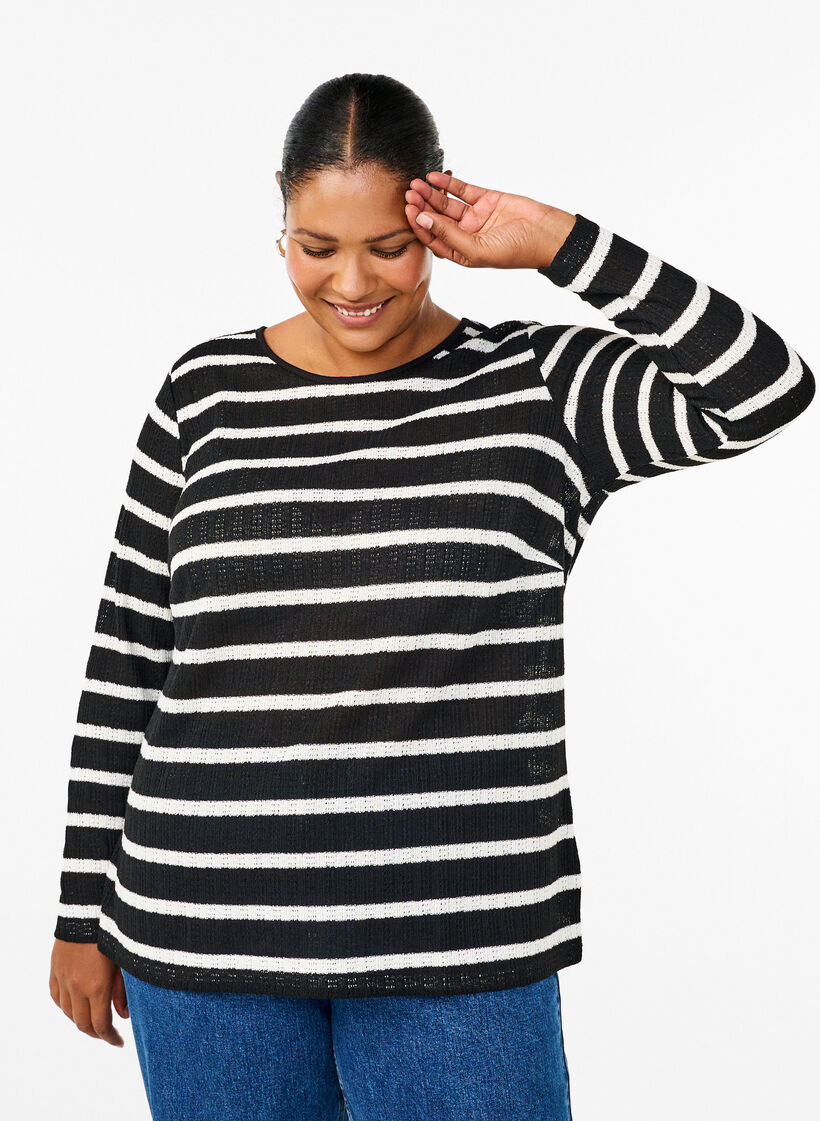 Bluse mit Streifen und langen Ärmeln, Black Sand Stripe, Model image number 0