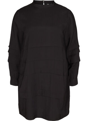 Viskosekleid mit langen Ärmeln und Falten, Black, Packshot image number 0