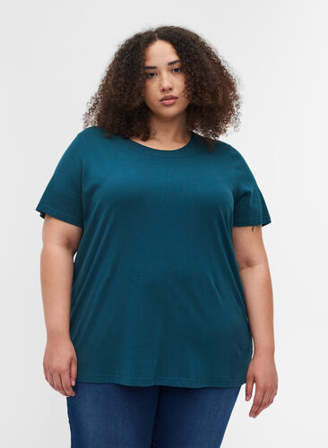 Kurzarm T-Shirt mit breitem, geripptem Hals, Reflecting Pond, Model image number 0