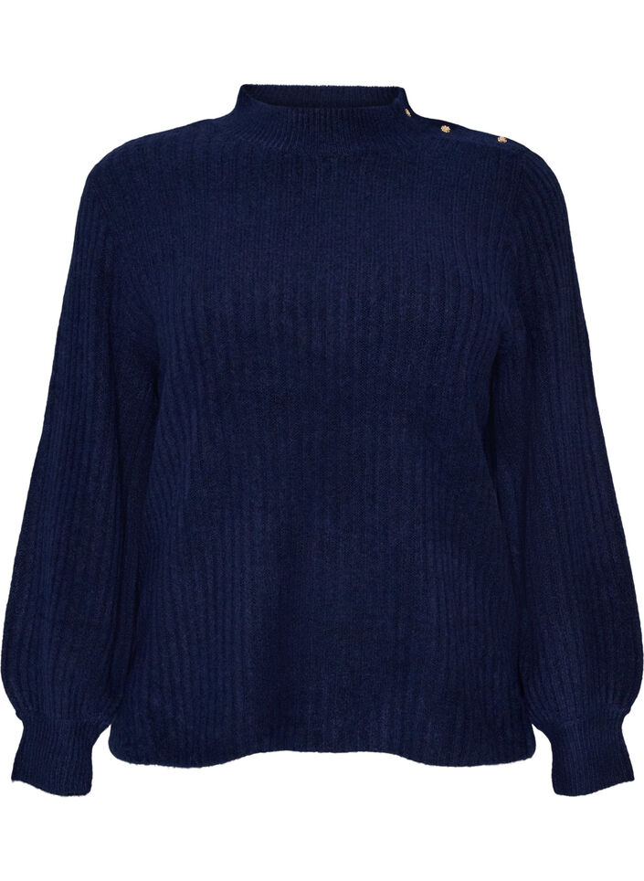 Pullover aus Rippstrick mit Puff&auml;rmeln und Kn&ouml;pfen, Blau, Packshot image number 0
