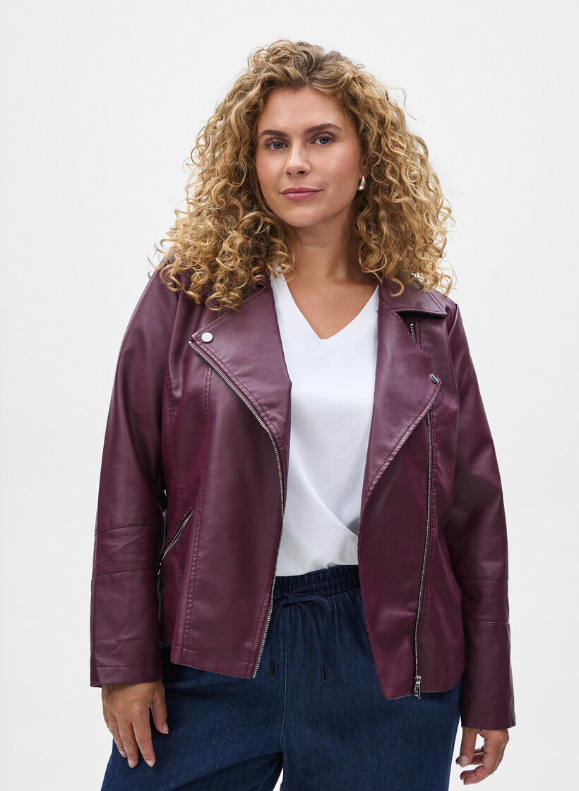 Bikerjacke aus Kunstleder, Dunkles Bordeaux, Model image number 0