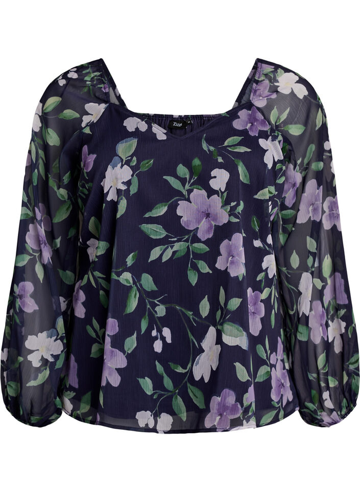 Bluse aus Chiffon mit gebl&uuml;mtem Print und langen &Auml;rmeln, Blau, Packshot image number 0