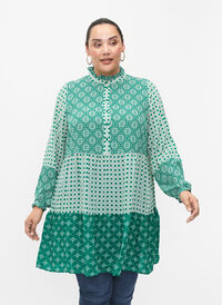 A-förmiges Kleid mit Mustern und Schnittlinien, Green AOP, Model
