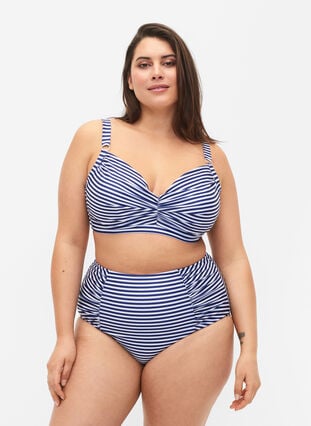 Bikini-Unterteil mit Streifen und hoher Taille, Blue Striped, Model image number 0
