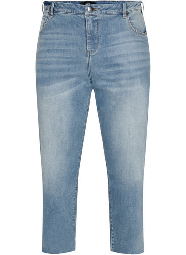 7/8-Jeans mit Fransensaum und hoher Taille, Light blue denim, Packshot image number 0