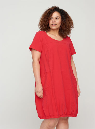 Kurzarm Kleid aus Baumwolle., Lipstick Red, Model image number 0