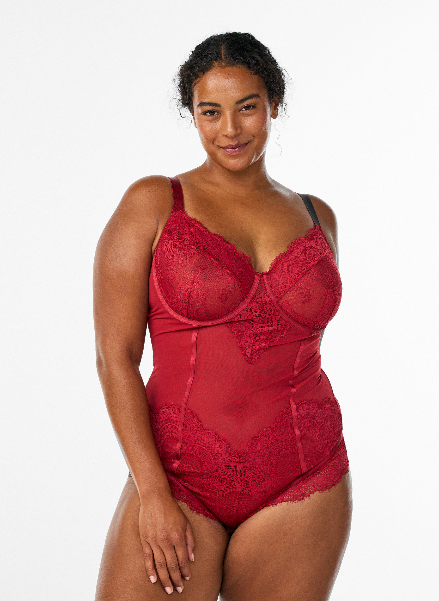 Body aus Mesh mit Spitze und B&uuml;gel, Rot, Model
