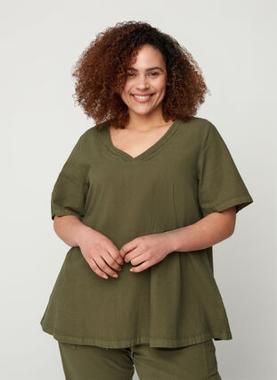 Kurzarm Bluse aus Baumwolle, Ivy Green, Model image number 0