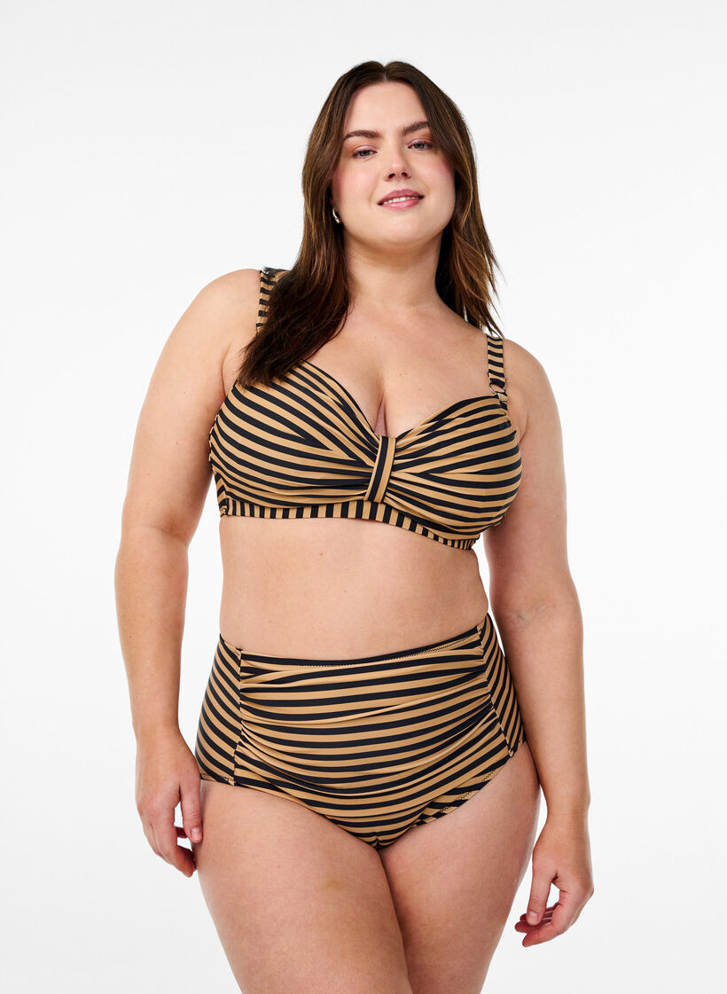 Hoch taillierte Bikinihosen mit Streifen, Braun, Model image number 0
