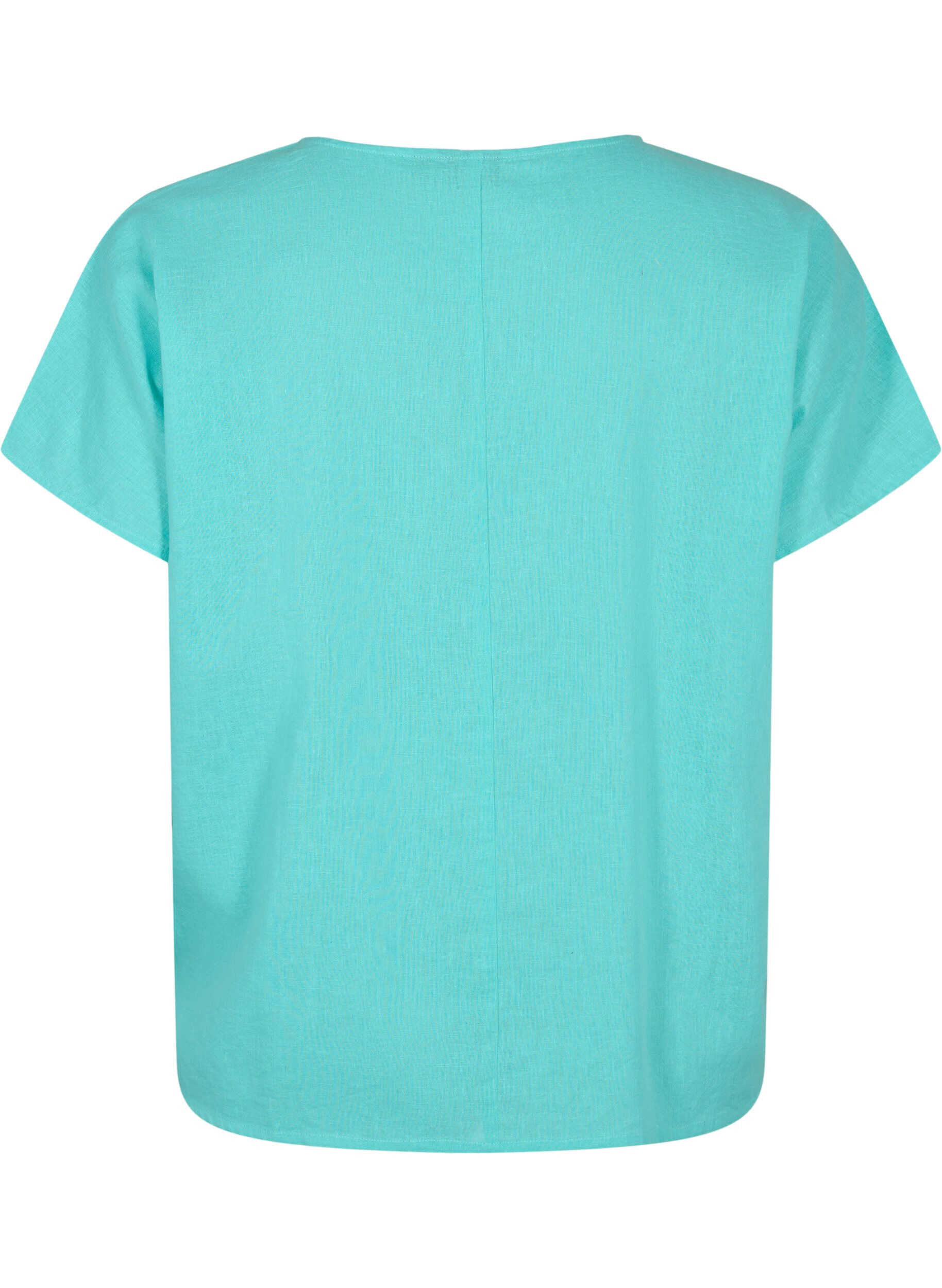 ZizziKurz&auml;rmelige Bluse aus Baumwollmischung mit Leinen, Turquoise, Packshot image number 1