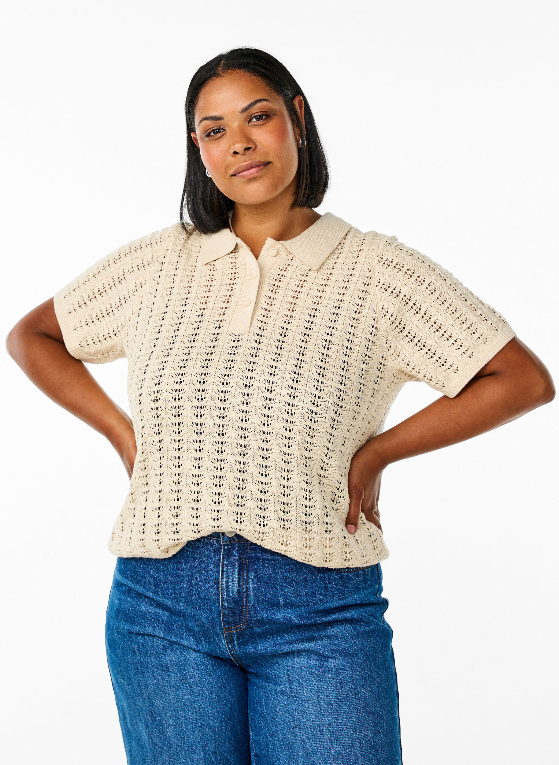 Gestricktes Poloshirt mit Lochmuster, Beige, Model