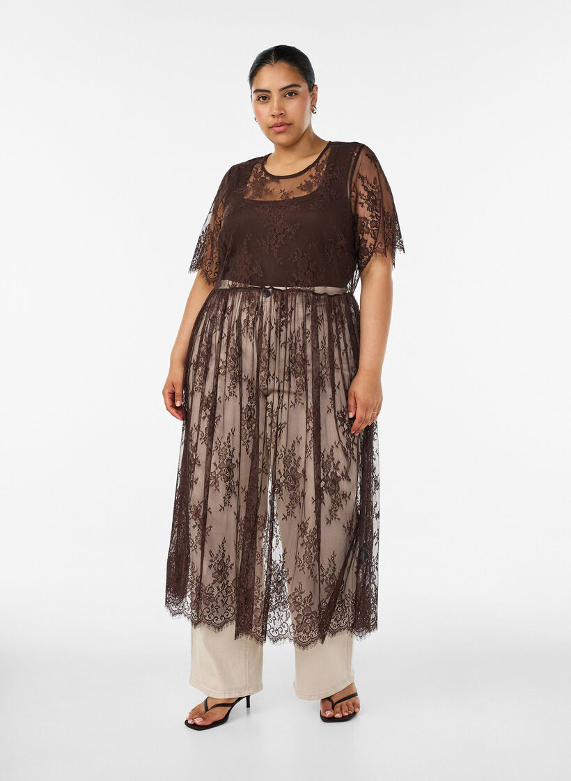 Midikleid aus transparenter Spitze mit kurzen &Auml;rmeln, Braun, Model image number 0