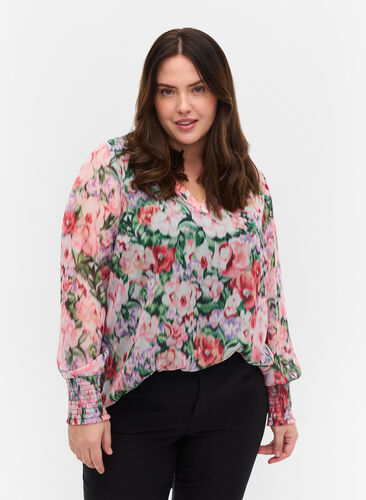 Langarm Bluse mit Blumenprint und Smock, Flower AOP, Model image number 0