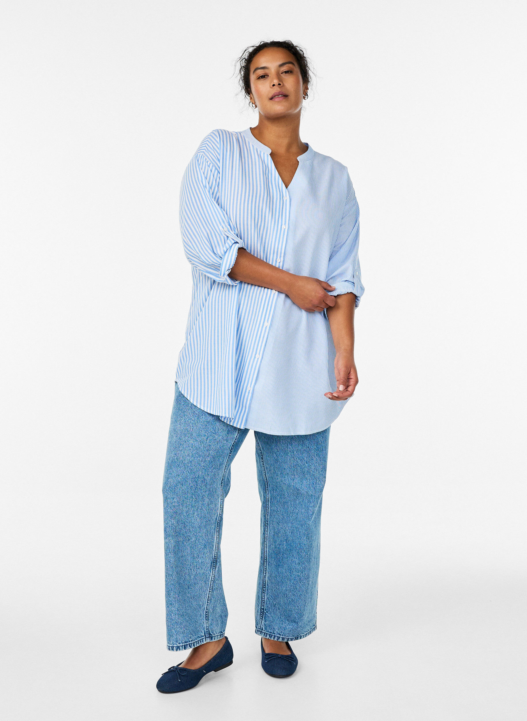 ZizziGestreifte Tunika mit 3/4-&Auml;rmeln, Blau, Model image number 1