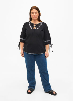 Bestickte Bluse aus Baumwollmischung mit Leinen, Black W. EMB, Model image number 2