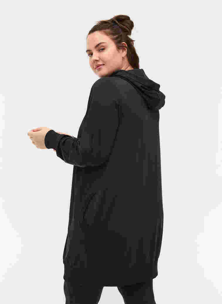 Langer Sportcardigan mit Kapuze und Tasche, Black, Model image number 1