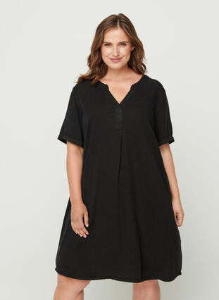 Kurzarm Kleid aus Lyocell, Black, Model image number 0