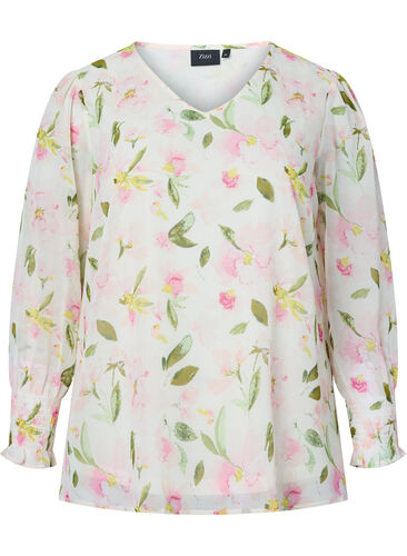 Geblümte Bluse mit langen Ärmeln und V-Ausschnitt, White/Pink Flower, Packshot image number 0