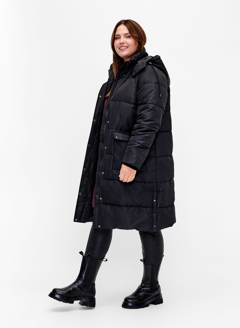 Lange Pufferjacke mit Taschen und Kapuze, Schwarz, Model image number 1