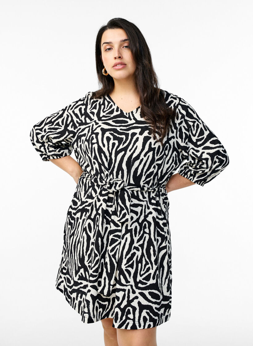 Kleid mit 3/4-Ärmeln und Zebraprint, Schwarz, Model image number 0
