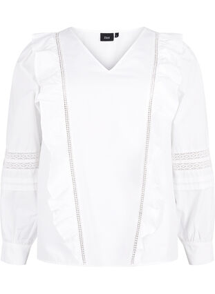 Bluse mit Ruffles und Lace Trim, Bright White, Packshot image number 0