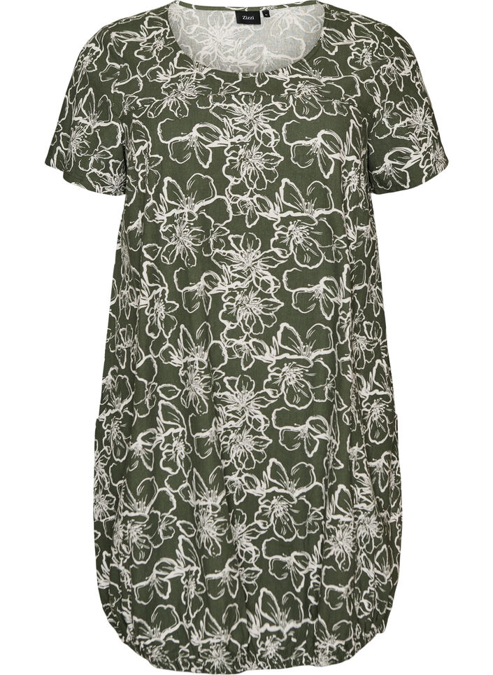 Kurz&auml;rmliges Baumwollkleid mit Aufdruck, Gr&uuml;n, Packshot image number 0