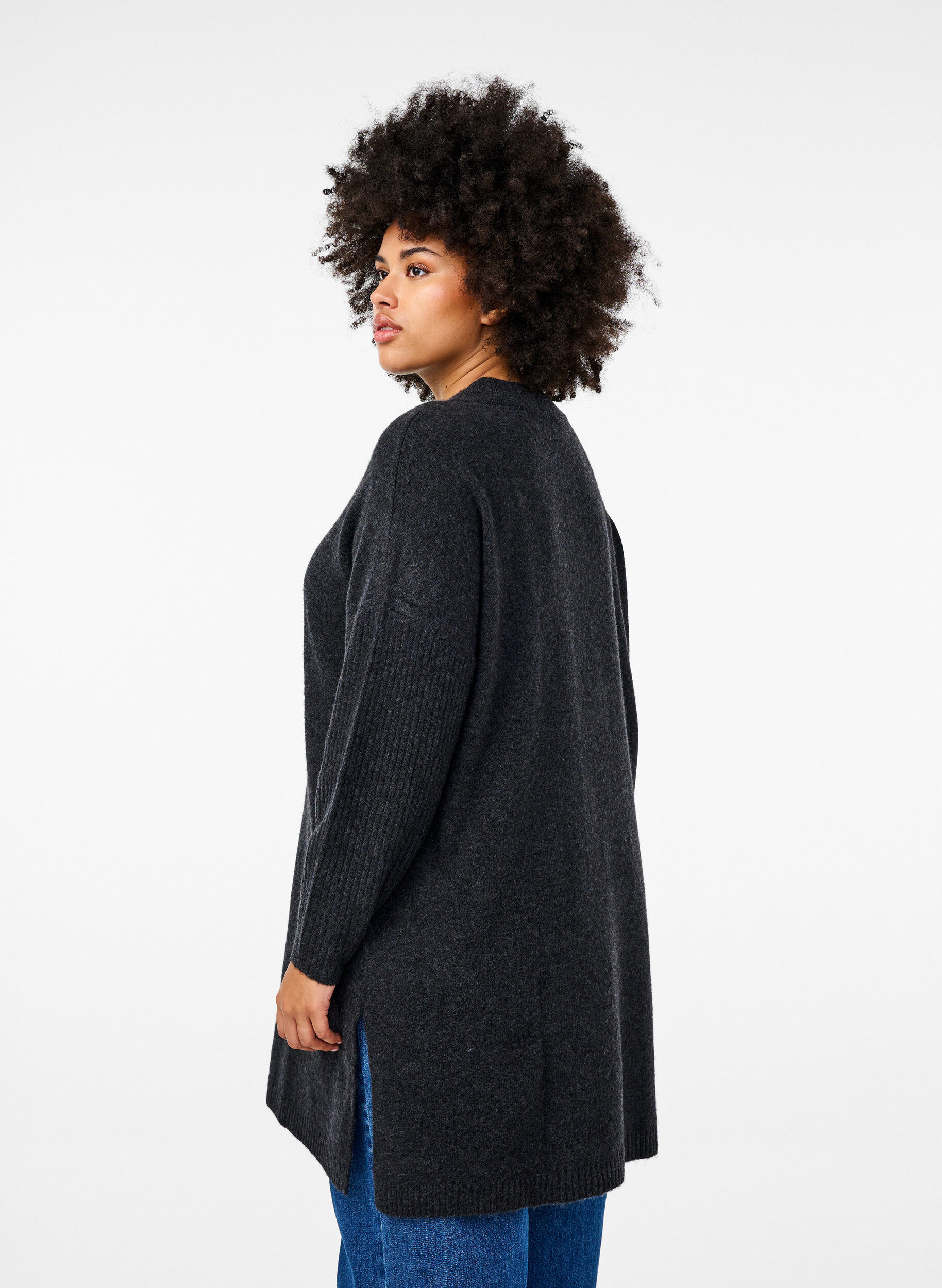 ZizziLange Strickbluse mit langen &Auml;rmeln, Dark Grey Melange, Model image number 1