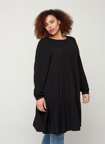 Langarm Kleid mit A-Linie, Black, Model image number 0