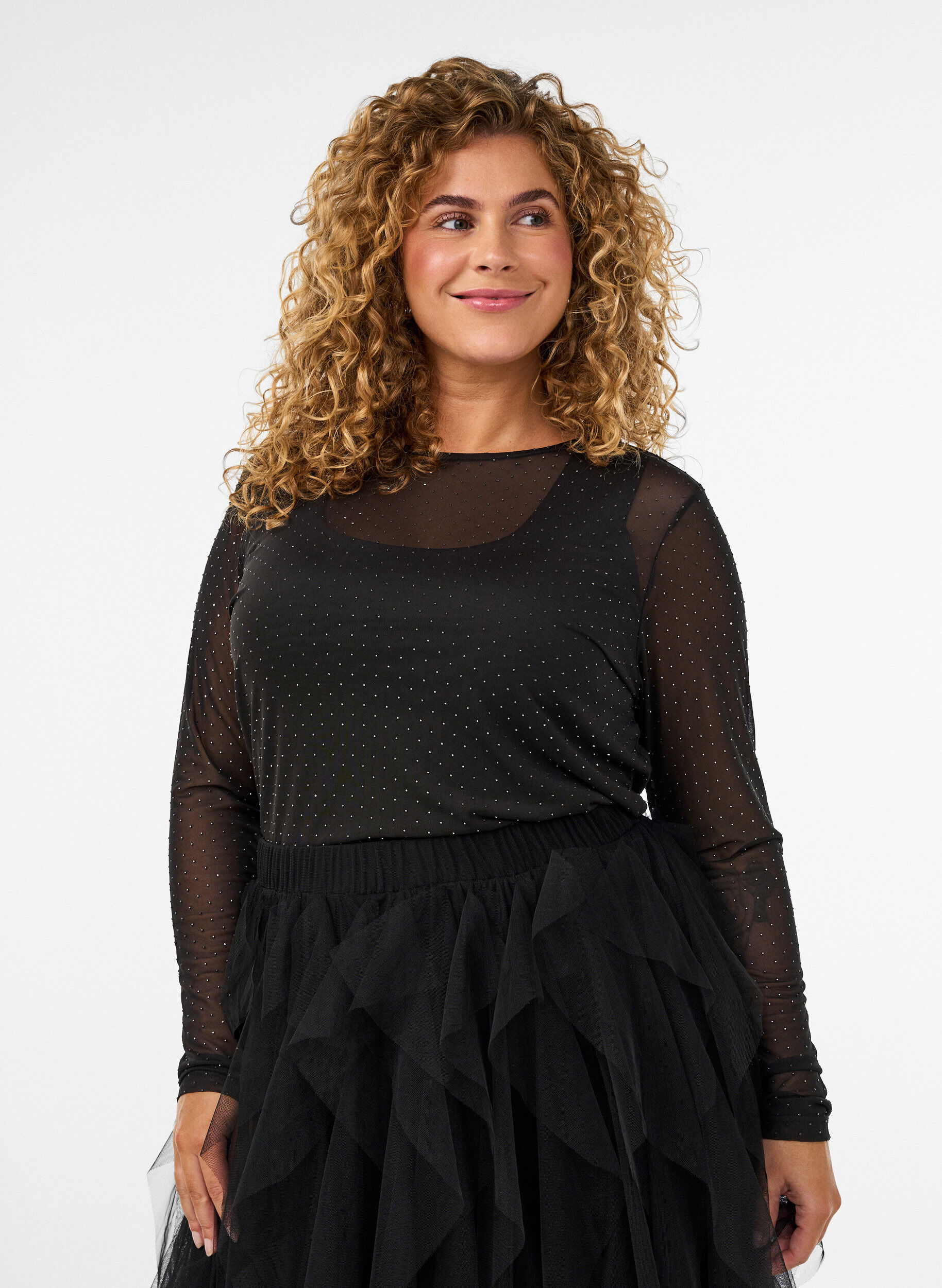 ZizziTransparente Bluse aus Mesh mit Strasssteinen, Schwarz, Model image number 0